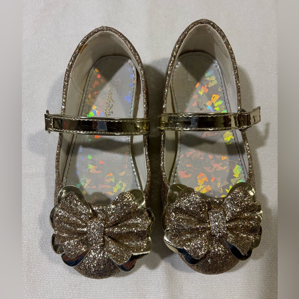 Girls' Gold Glitter Mary Jane Shoes with Bow